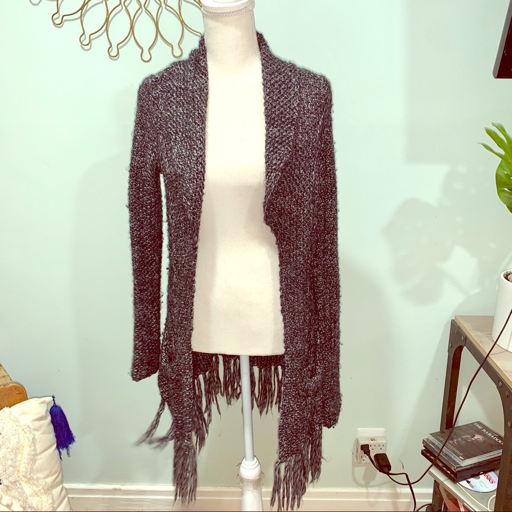 INC gray fringe cardigan sweater wool blend